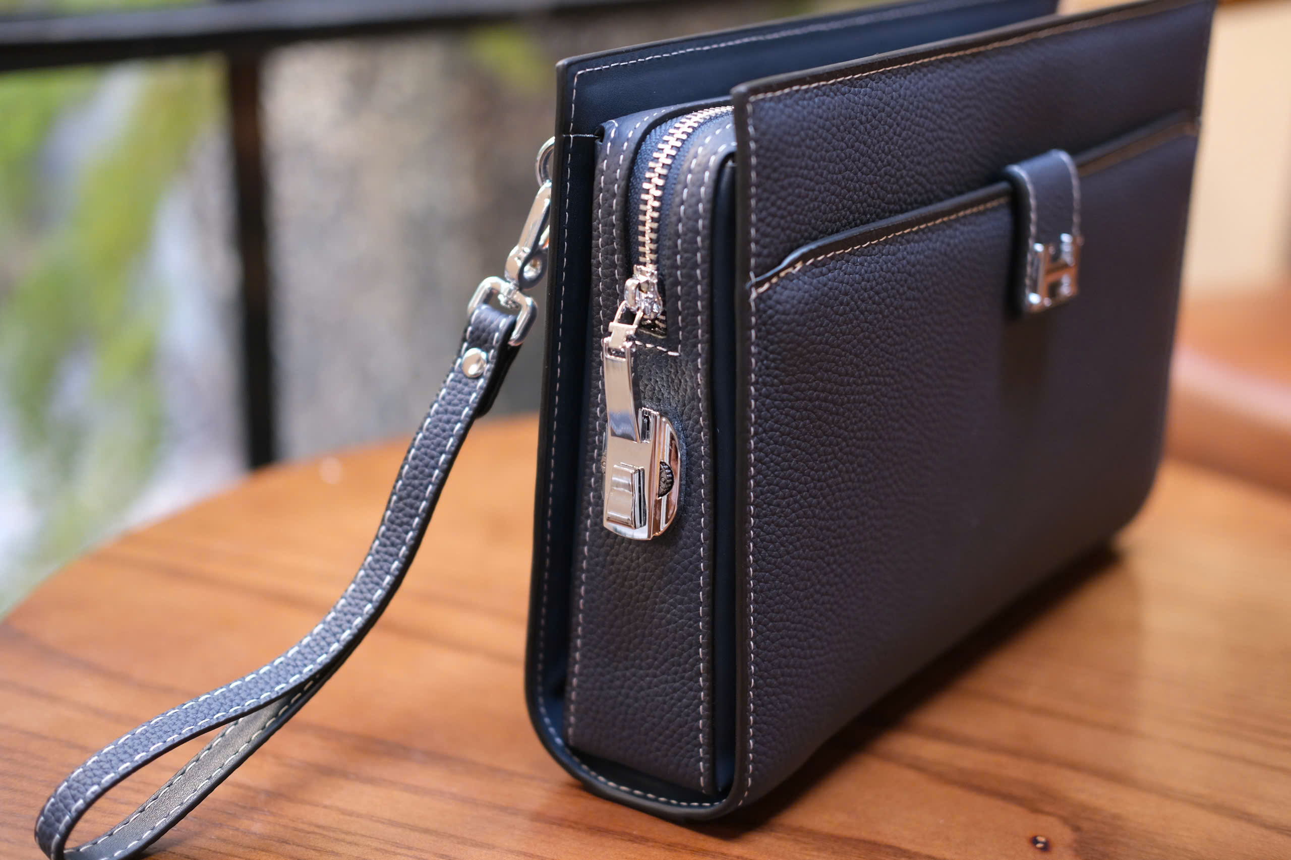 Túi Clutch cầm tay Hermes HM Xanh than trơn logo H size 28x18x5cm Like Auth Fullbox phụ kiện DDT