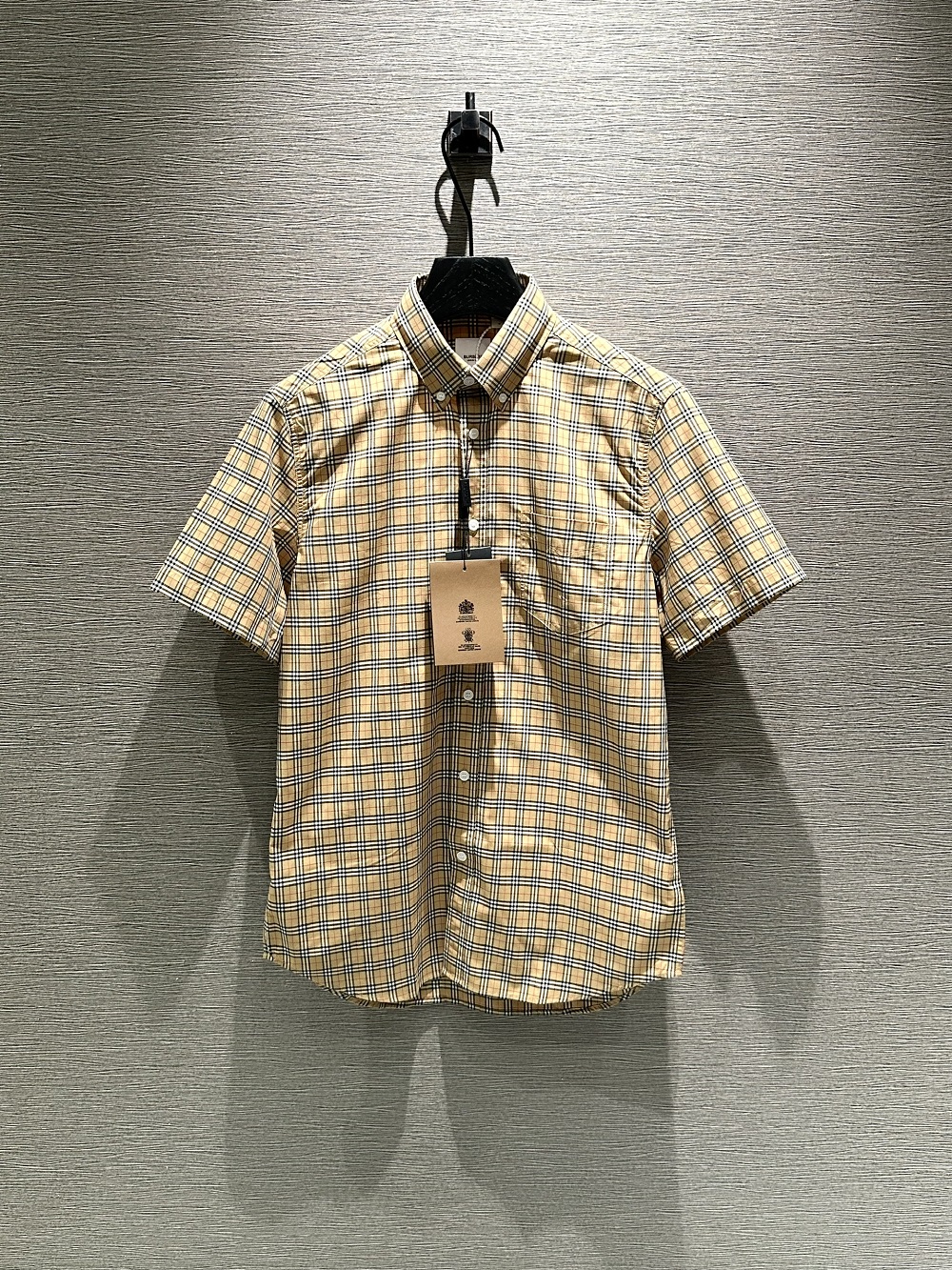 Áo sơ mi cộc tay Burberry BBR Nâu kẻ sọc nhỏ basic túi ngực phối khuy cổ Like Auth on web VTN