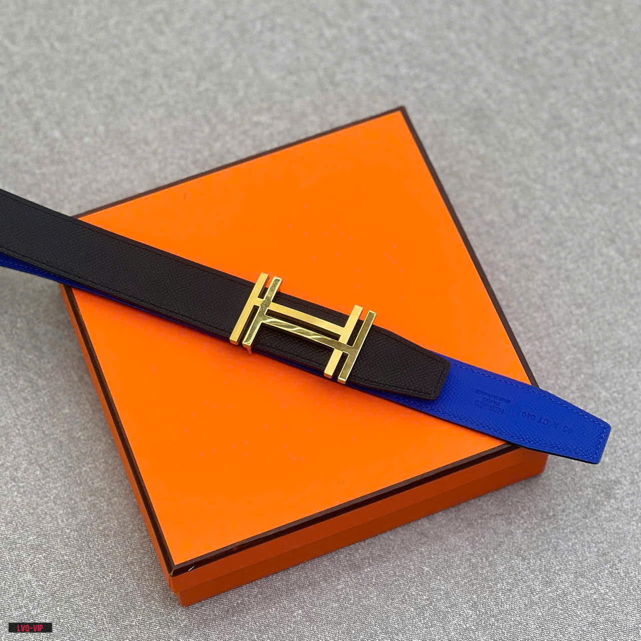 Thắt lưng, dây nịt, belt Hermes HM Đen phối Xanh dương sần mặt logo HH Vàng trơn Like Auth 1-1 on web fullbox LVQ