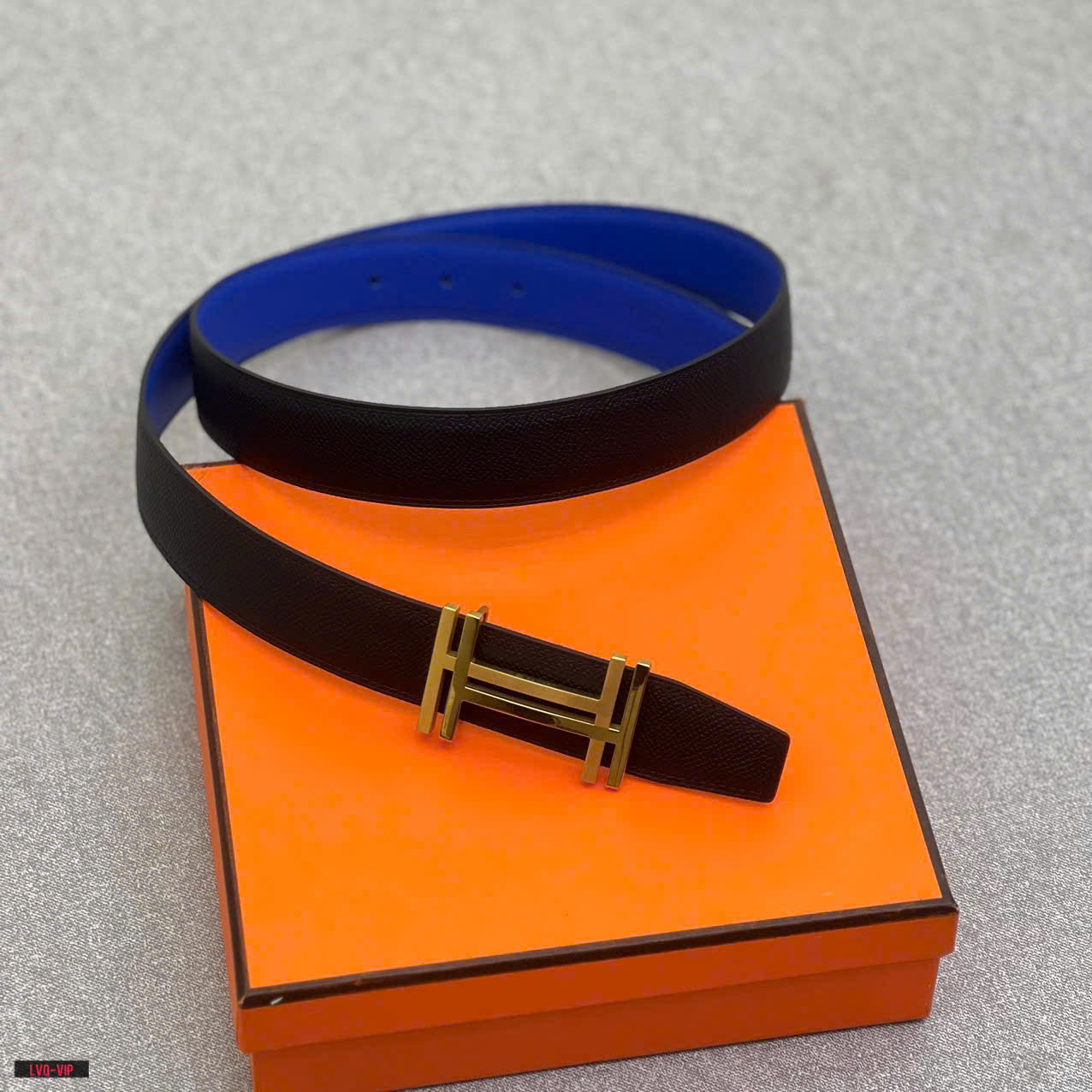 Thắt lưng, dây nịt, belt Hermes HM Đen phối Xanh dương sần mặt logo HH Vàng trơn Like Auth 1-1 on web fullbox LVQ