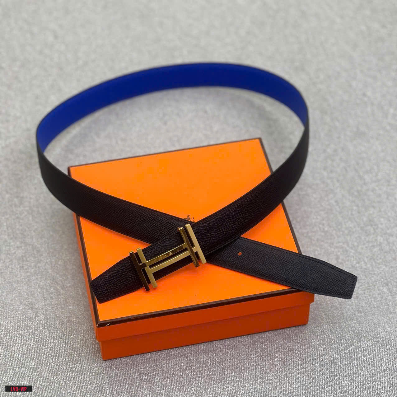 Thắt lưng, dây nịt, belt Hermes HM Đen phối Xanh dương sần mặt logo HH Vàng trơn Like Auth 1-1 on web fullbox LVQ