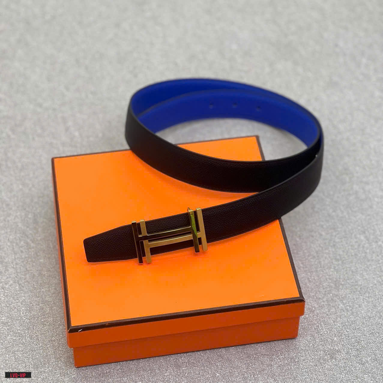 Thắt lưng, dây nịt, belt Hermes HM Đen phối Xanh dương sần mặt logo HH Vàng trơn Like Auth 1-1 on web fullbox LVQ