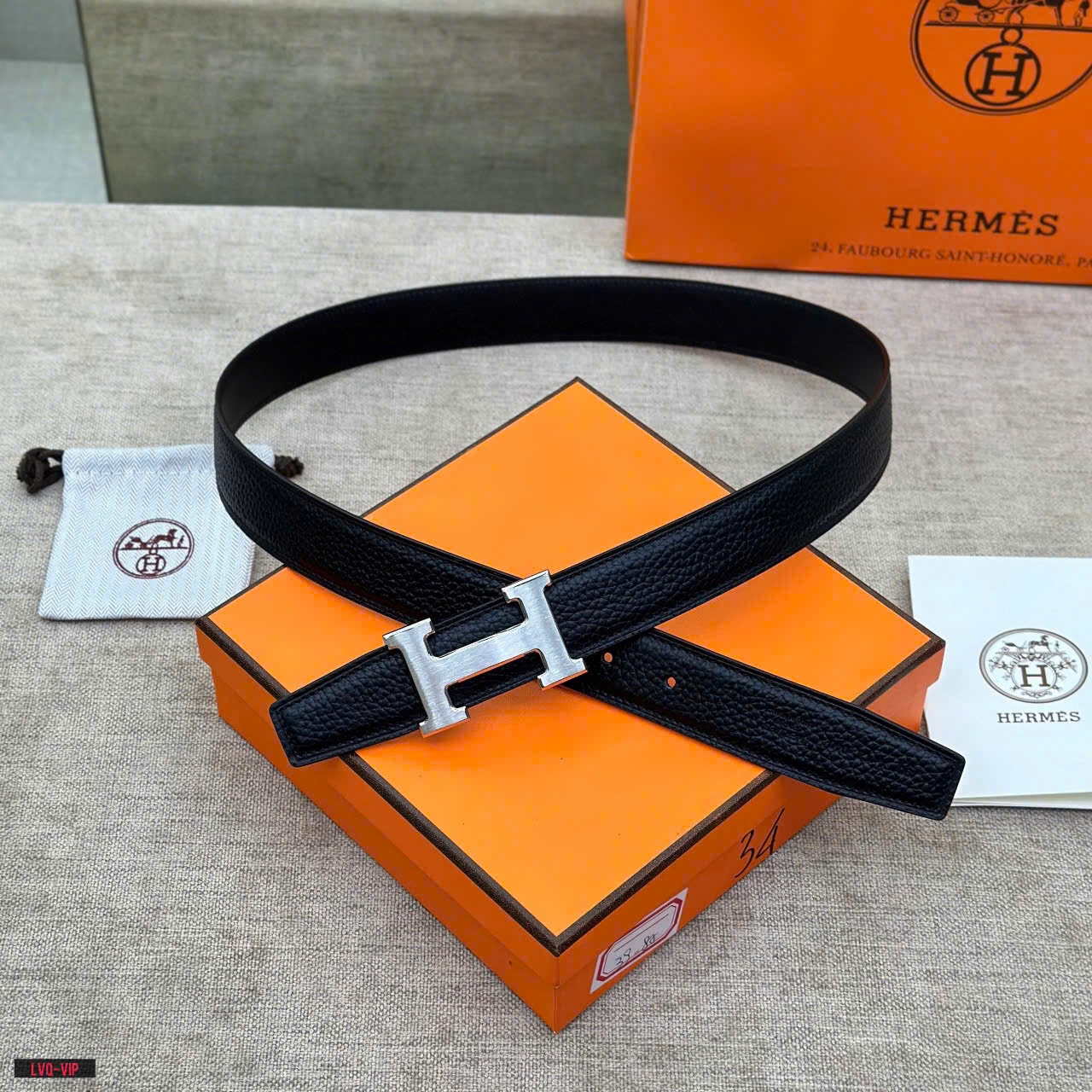 Thắt lưng, dây nịt, belt Hermes HM Đen sần mặt logo H Bạc trơn Like Auth 1-1 on web fullbox LVQ
