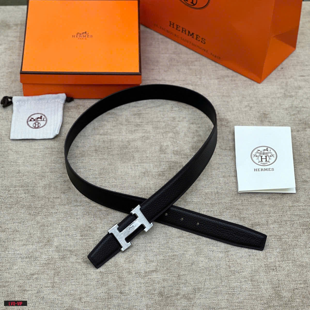 Thắt lưng, dây nịt, belt Hermes HM Đen sần mặt logo H Bạc trơn dập chữ Like Auth 1-1 on web fullbox LVQ