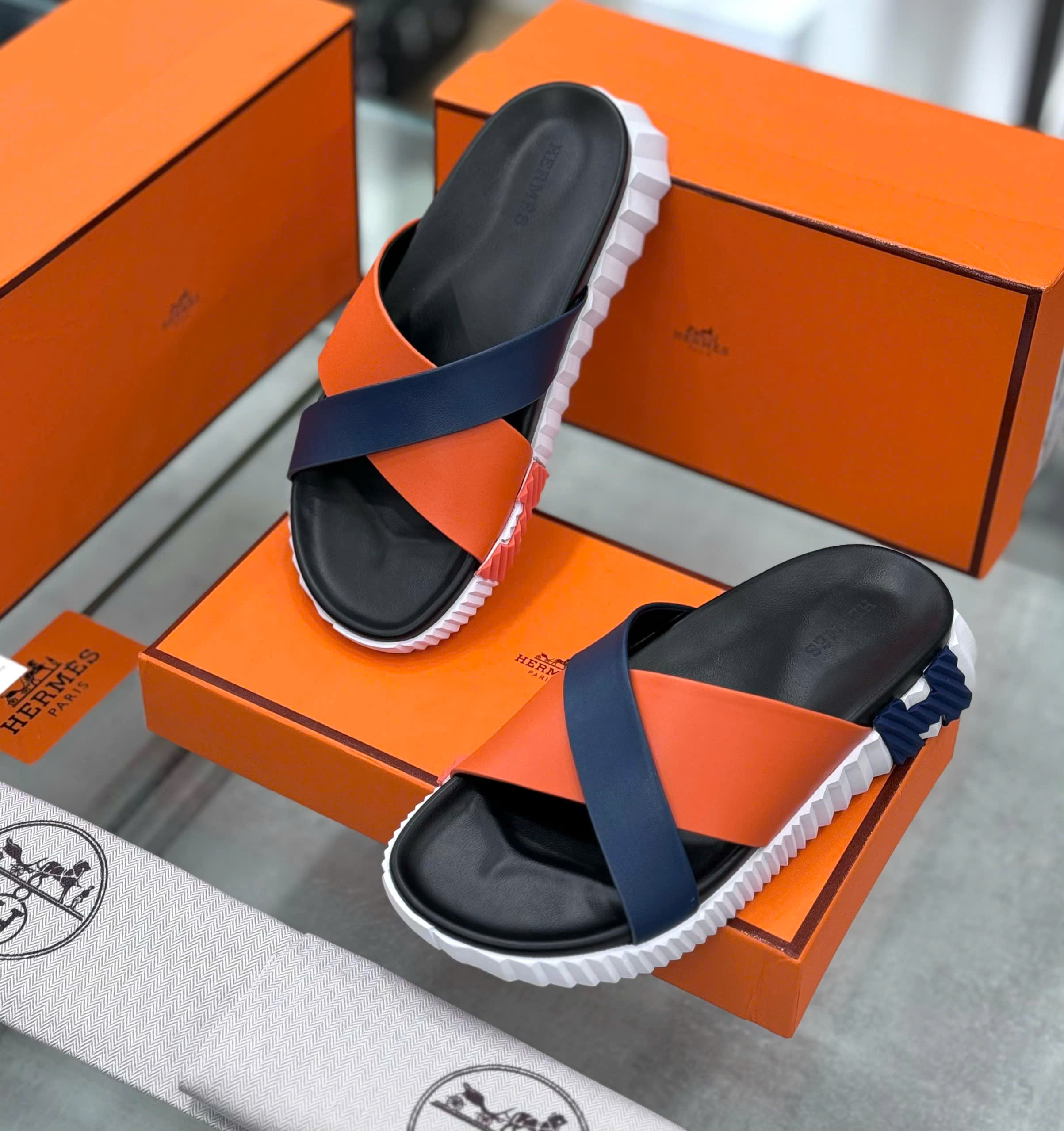 Dép lê quai ngang chéo Hermes HM Cam phối Xanh than check đế Like Auth on web fullbox bill thẻ DDT