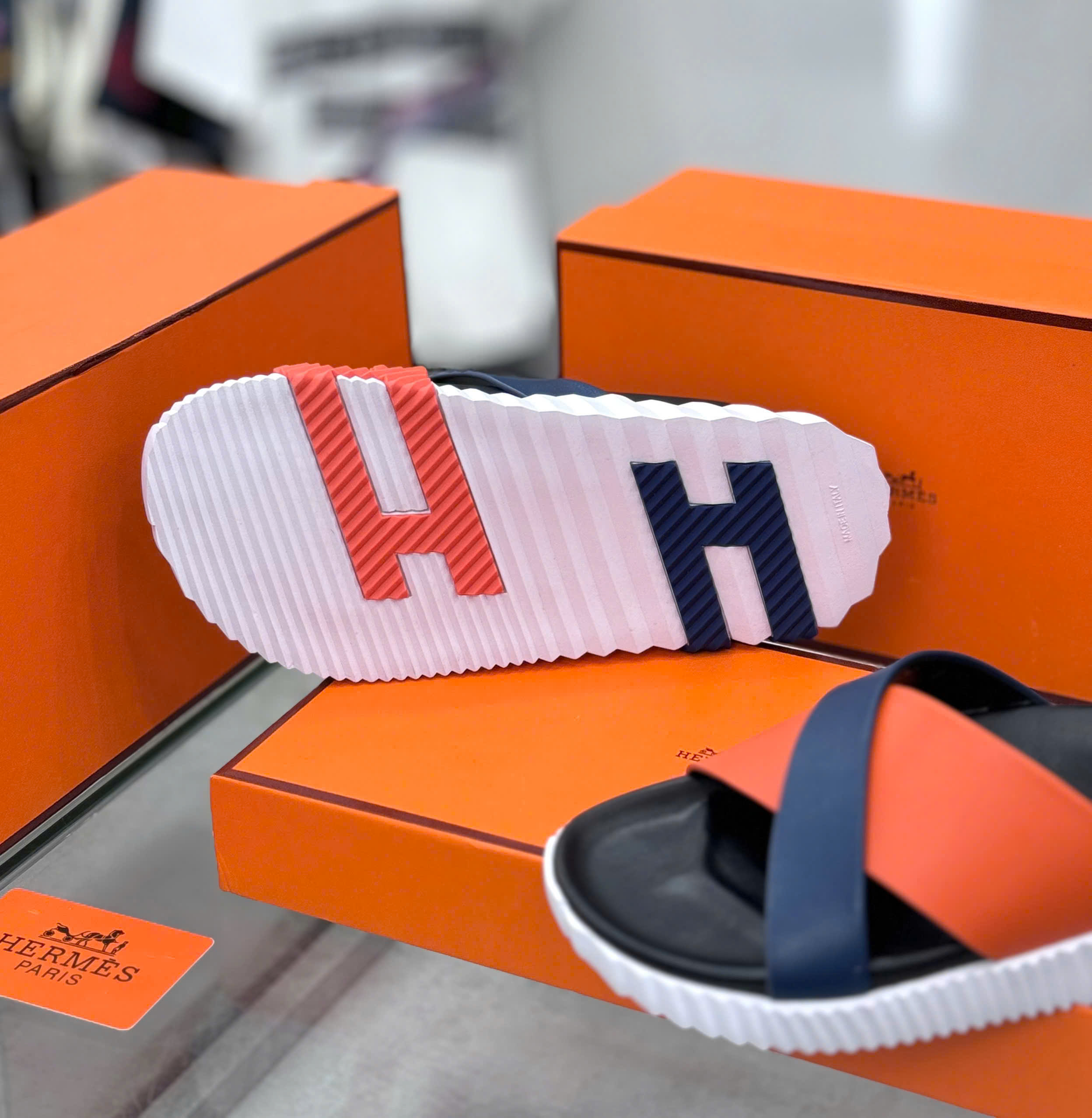 Dép lê quai ngang chéo Hermes HM Cam phối Xanh than check đế Like Auth on web fullbox bill thẻ DDT