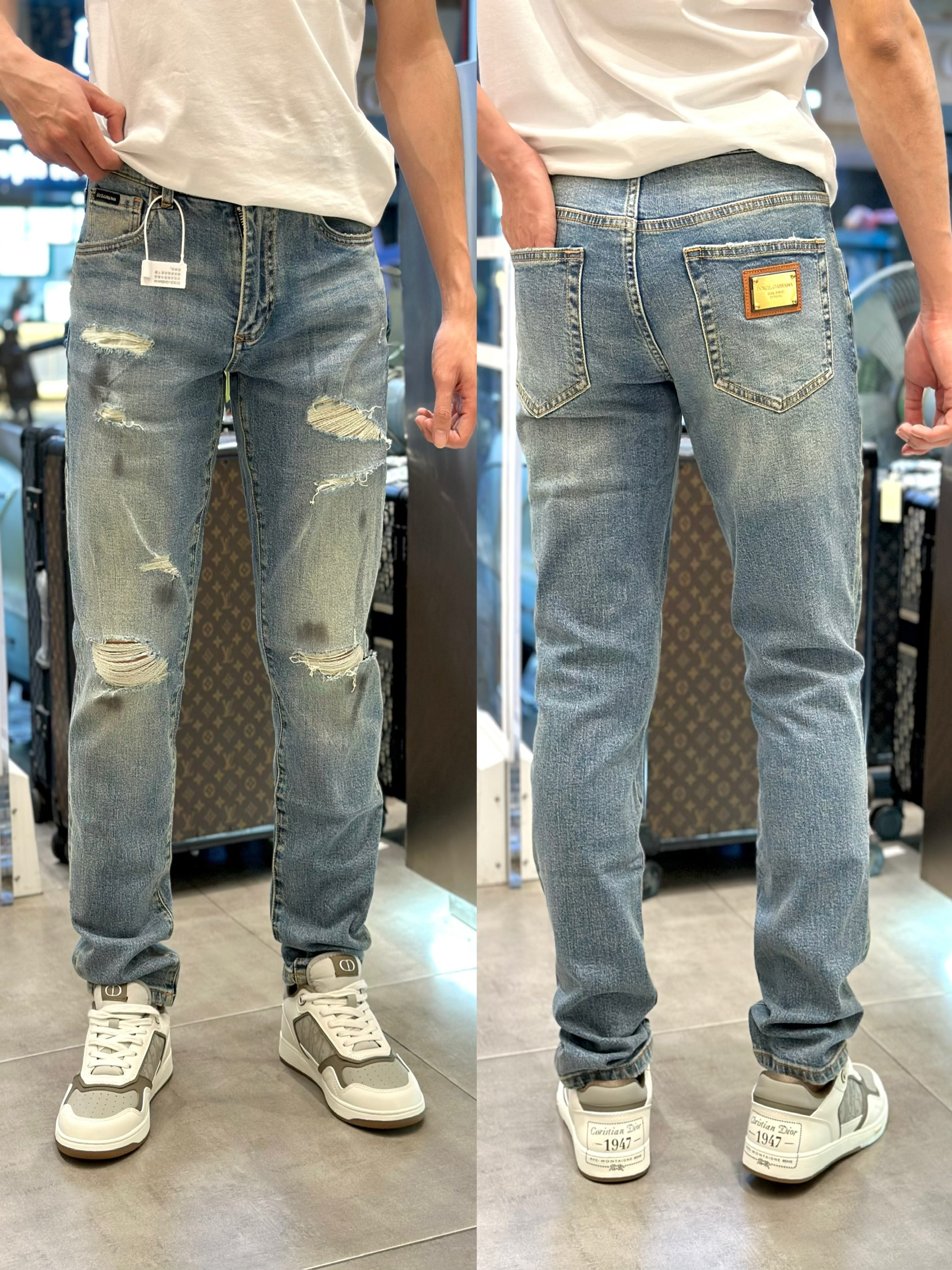 Quần Jean Dolce Gabbana DG Xanh bạc rách mài logo tag vuông túi sau Like Auth on web VTN