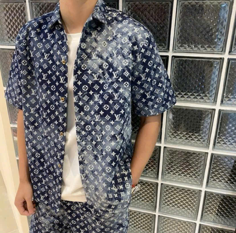 Bộ, Set hè Jean Louis Vuitton Xanh than loang họa tiết hoa vân logo LV full Like Auth on web DDT