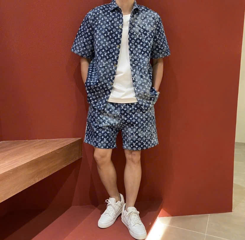 Bộ, Set hè Jean Louis Vuitton Xanh than loang họa tiết hoa vân logo LV full Like Auth on web DDT