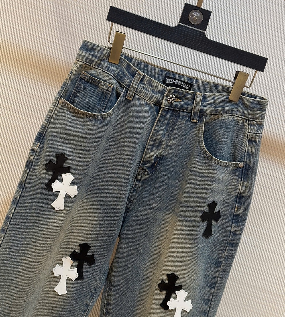 Quần Jean ống suông Chrome Heart CH Xanh logo chữ thập da thêu Like Auth on web DDT