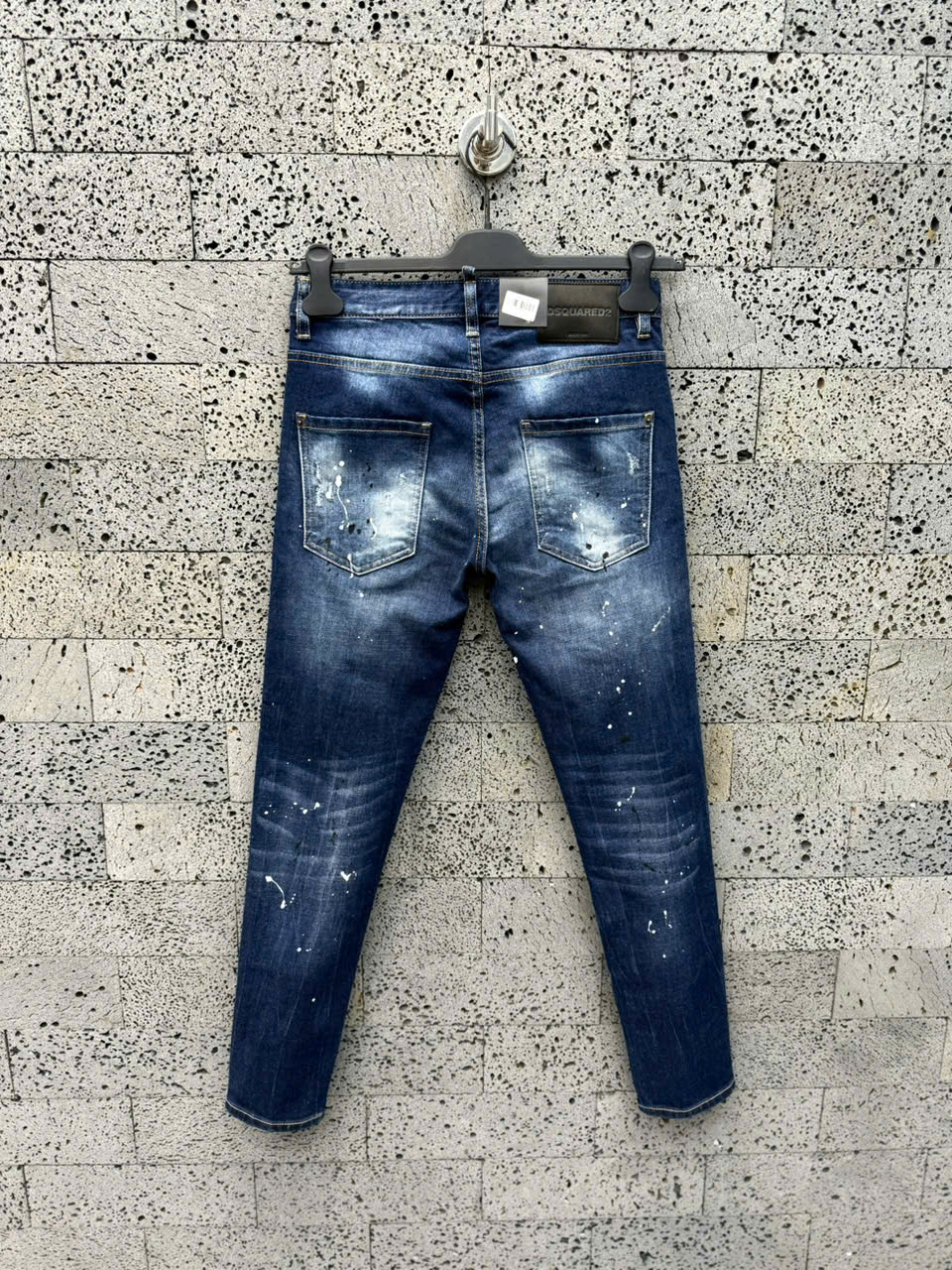 Quần Jean Dsquared2 DSQ2 Xanh bạc loang vẩy sơn rách vá đính đá Like Auth NV