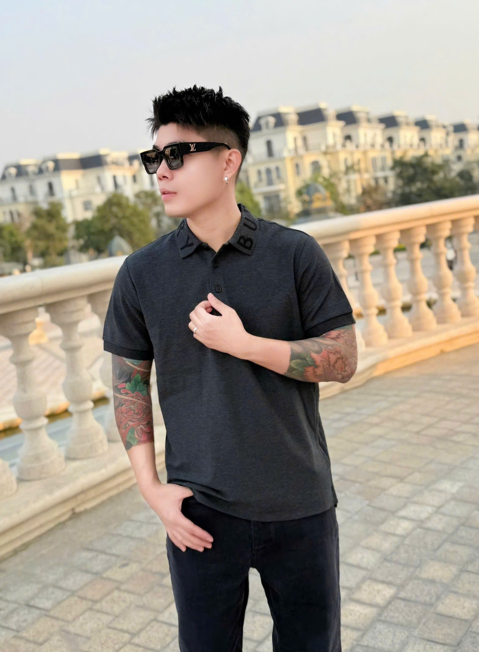 Áo polo Burberry BBR Xám logo chữ cổ Like Auth 1-1 on web VTN
