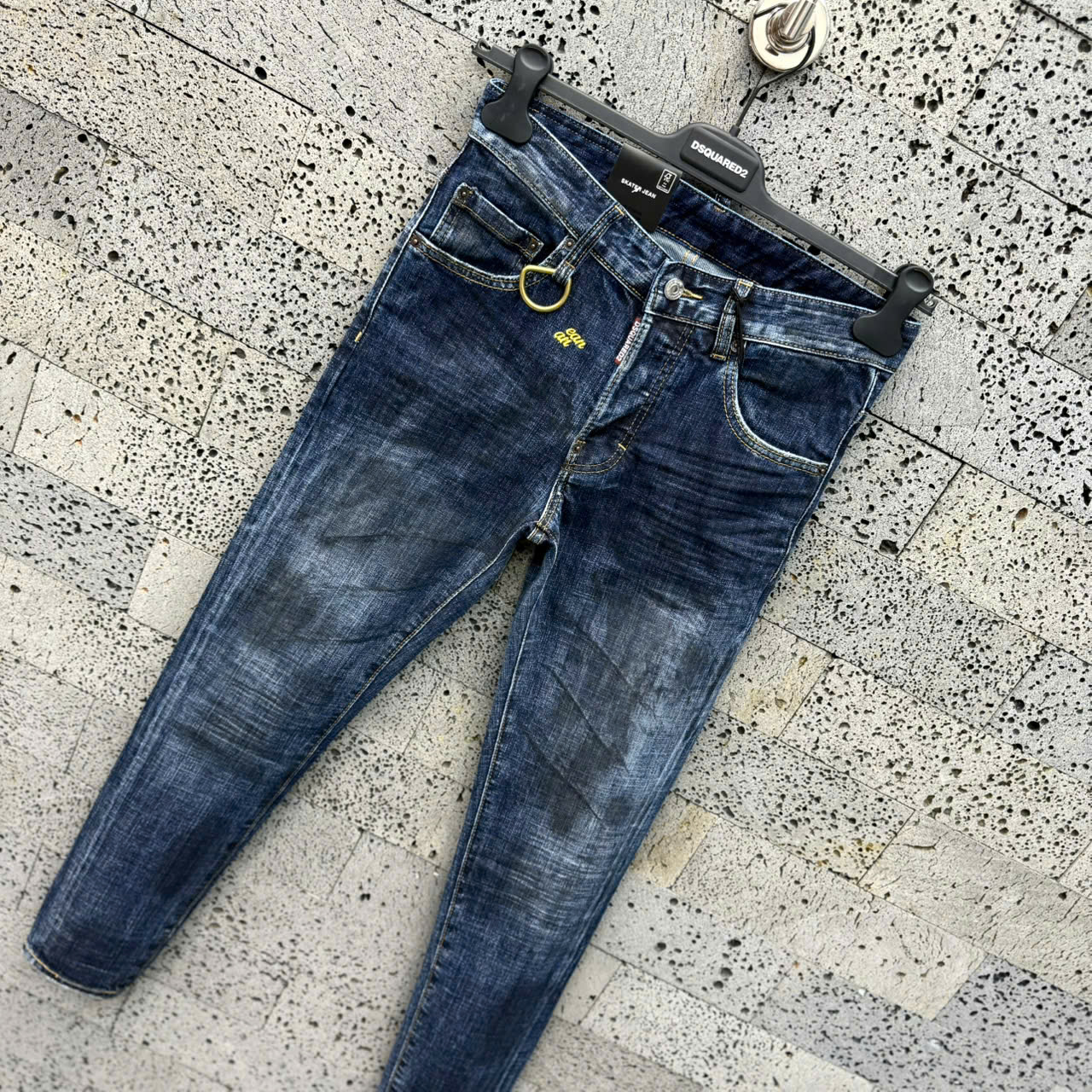 Quần Jean Dsquared2 DSQ2 Xanh bạc loang Đen logo chữ thêu móc tag Vàng Like Auth NV