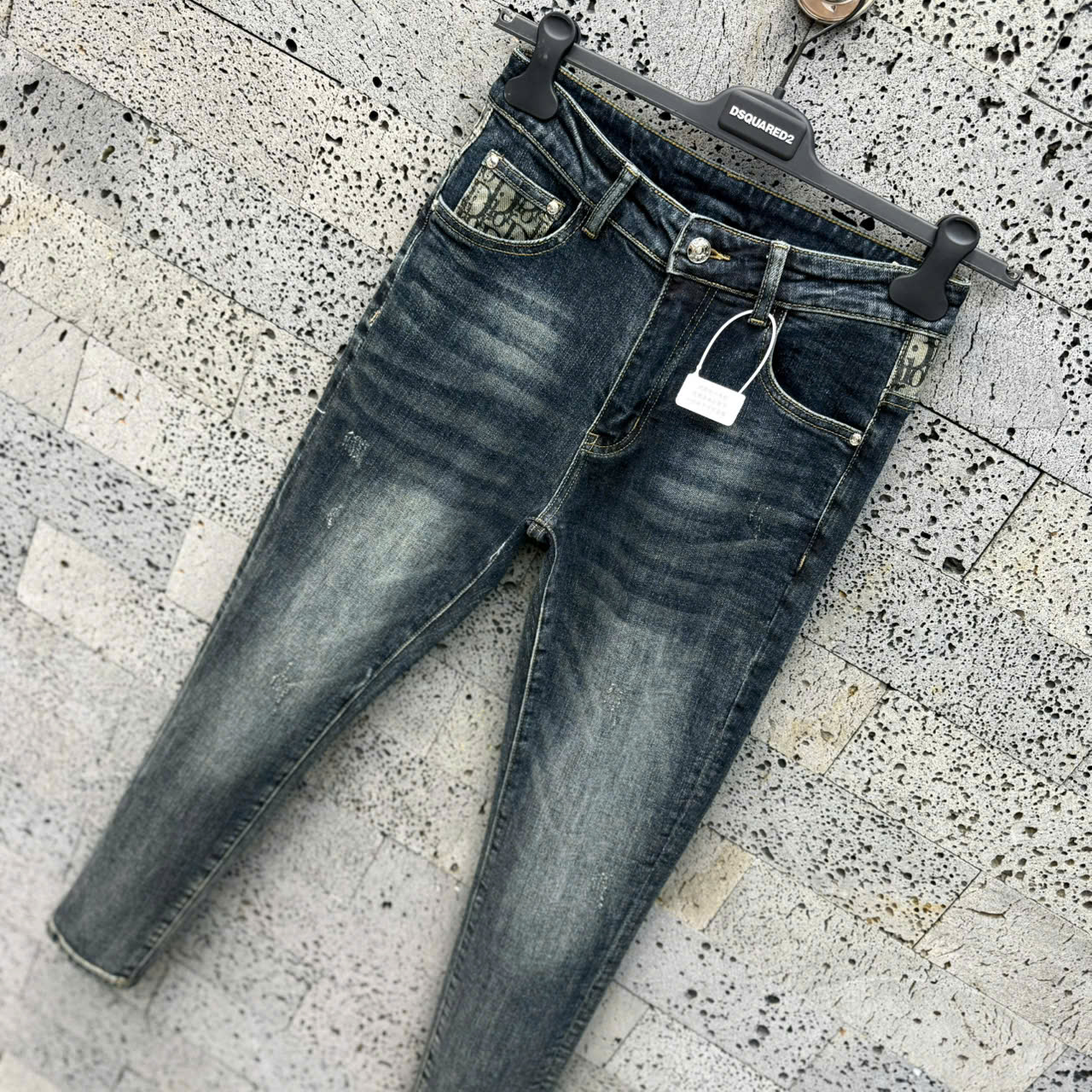 Quần Jean Dior CD Xanh bạc rách xước họa tiết logo chữ túi cạp Like Auth NV