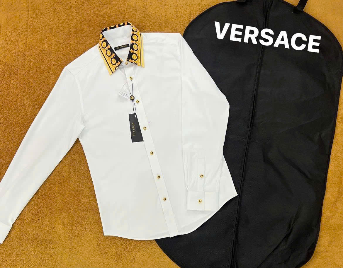 Áo sơ mi dài tay Versace VS Trắng phối cổ họa tiết check khuy Like Auth on web NV