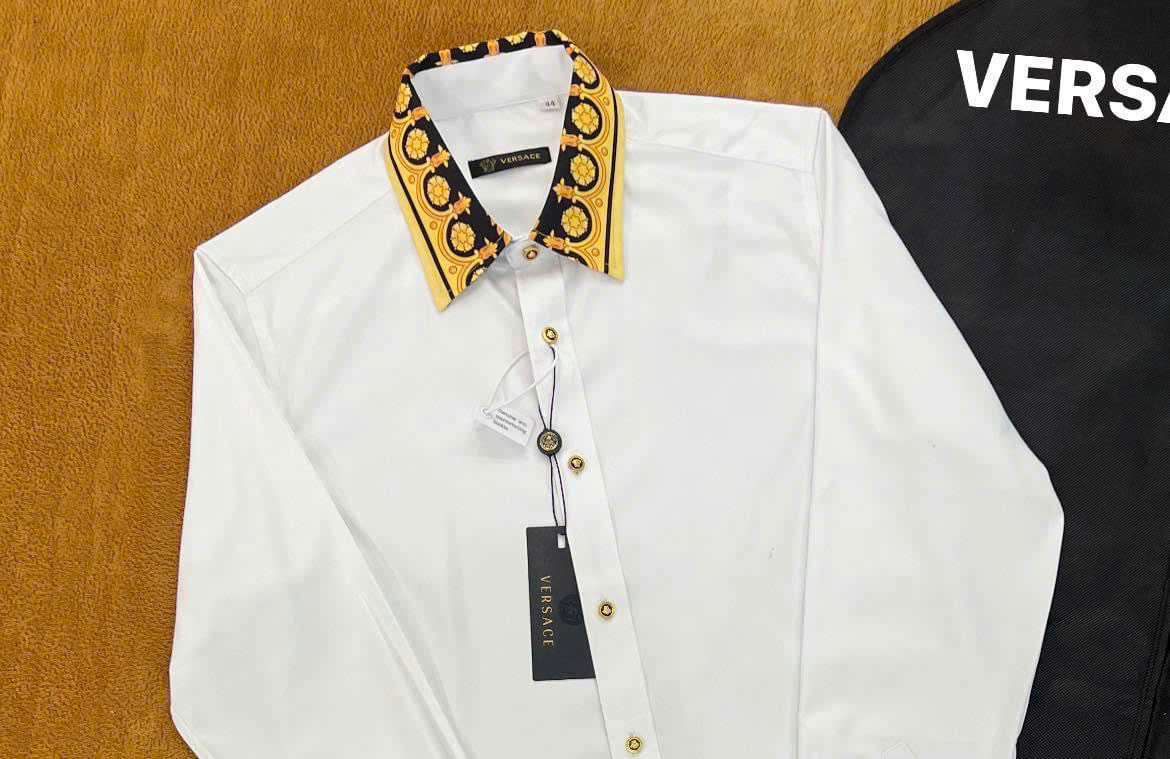 Áo sơ mi dài tay Versace VS Trắng phối cổ họa tiết check khuy Like Auth on web NV