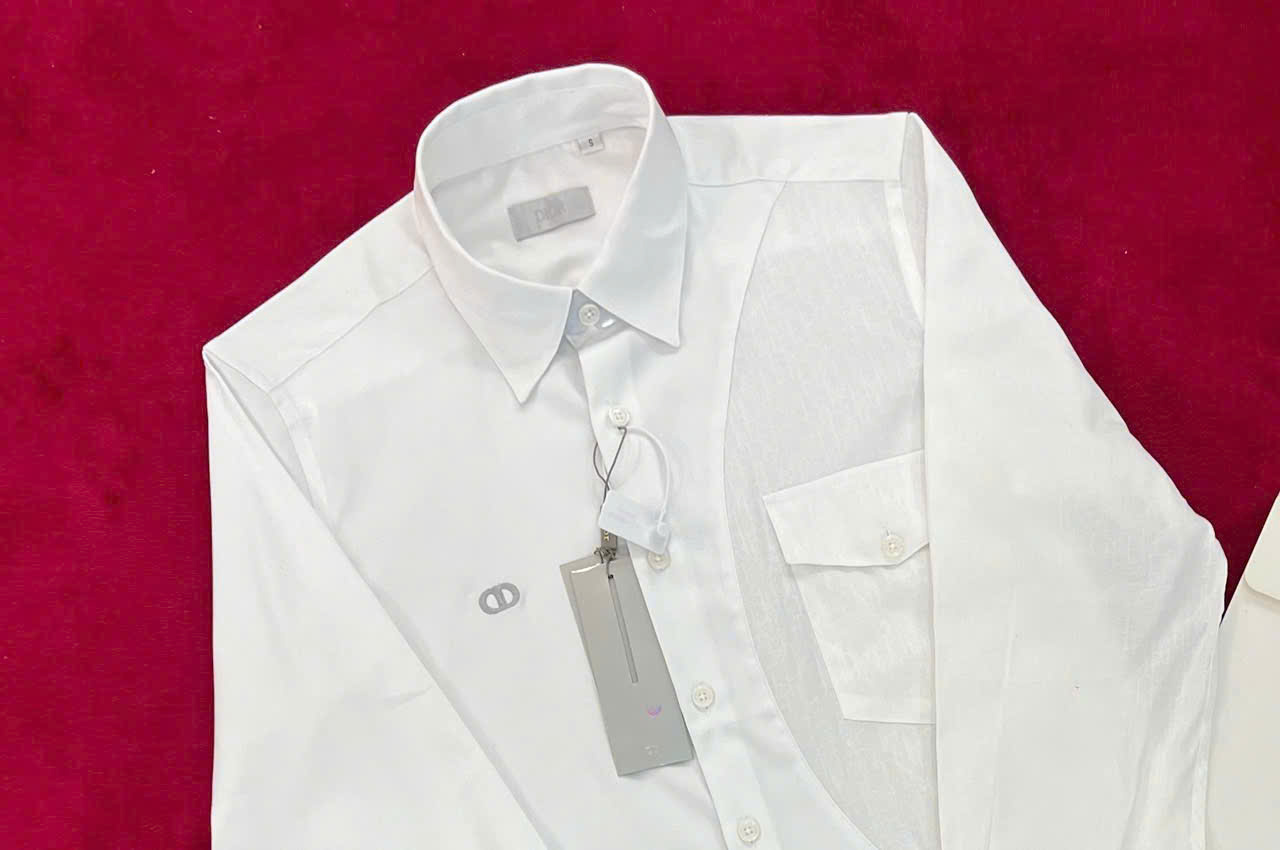 Áo sơ mi dài tay Dior Trắng phối túi ngực logo CD Xám thêu nổi Like Auth on web NV