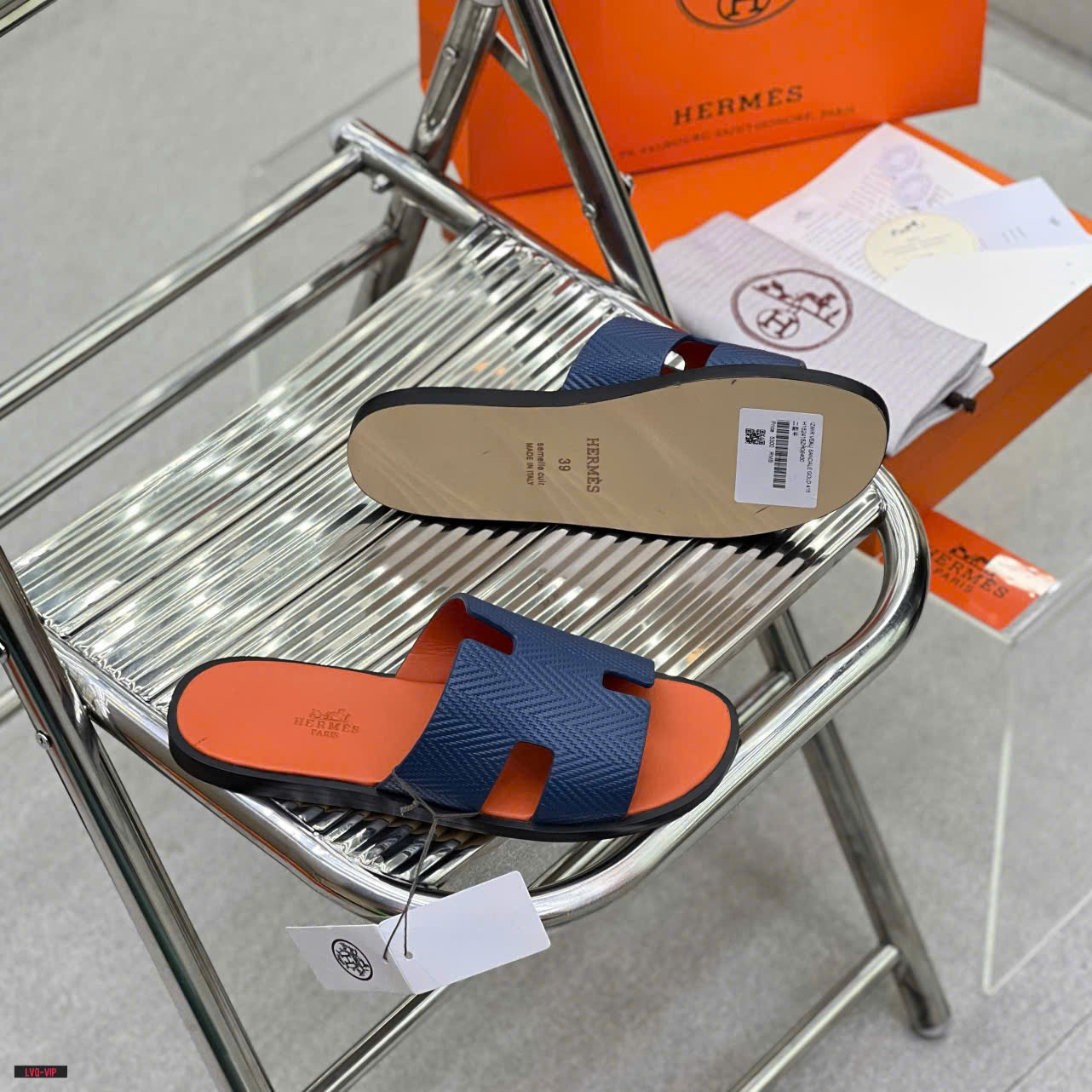 Dép lê quai ngang Hermes HM Cam phối quai Xanh than Like Auth on web fullbox bill thẻ LVQ