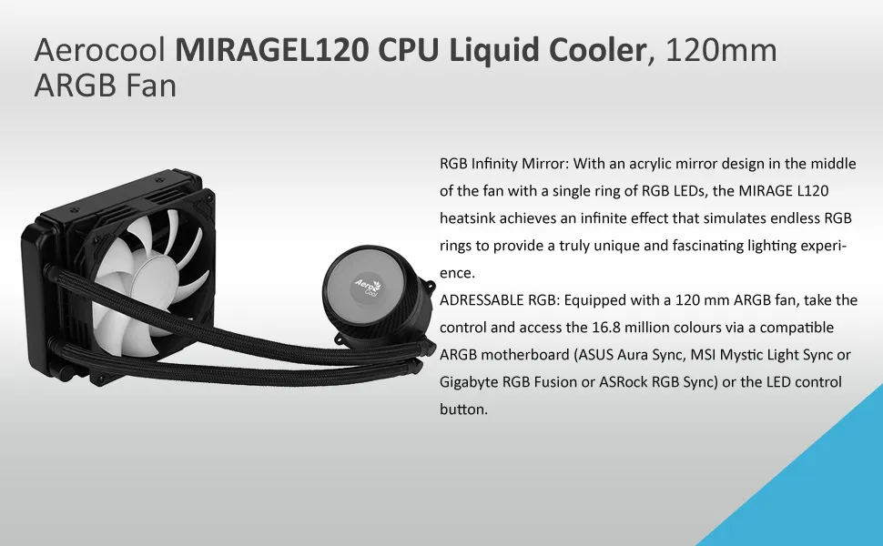 Aerocool Mirage L120 120MM ARGB LIQUID COOLER (Black) overview 3