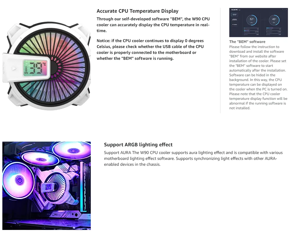 Alseye Warrior W90 ARGB 40mm CPU Air Cooler (For Intel LGA 1700/1200/115X Sockets) overview 3