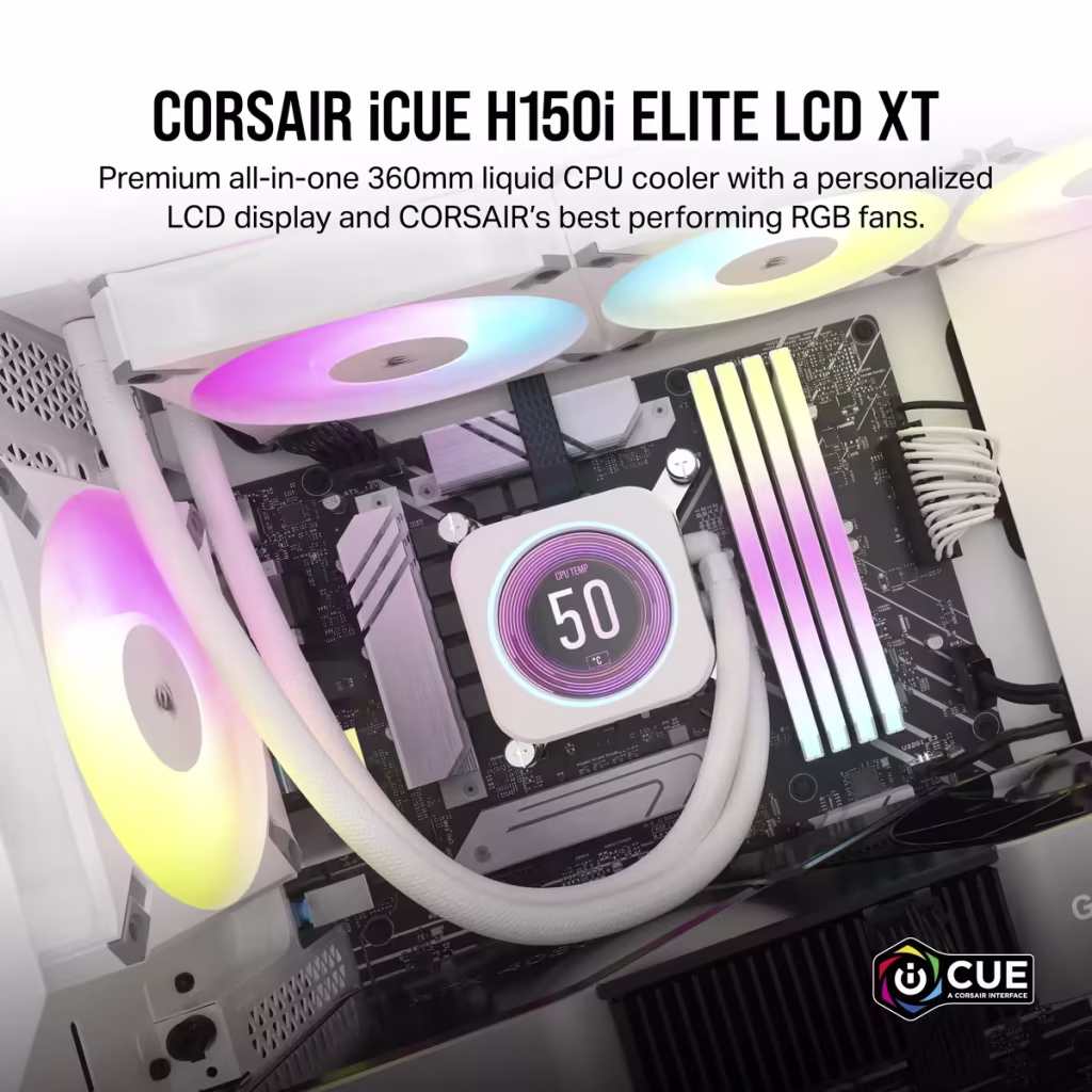 Corsair ICUE H150i Elite LCD XT Display RGB White All In One 360mm CPU Liquid Cooler overview 1