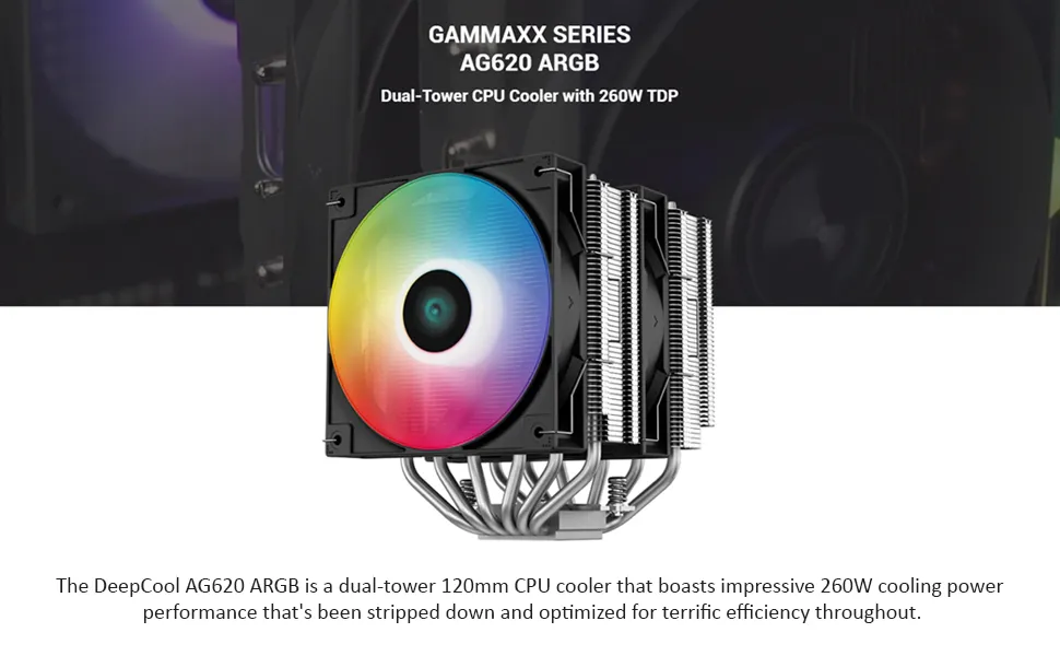 Deepcool Gammaxx AG620 ARGB 120mm Dual Fan CPU Air Cooler overview 1