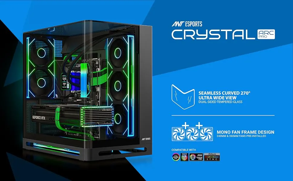 Ant Esports Crystal Arc Pro Mid-Tower M-ATX Gaming Cabinet (Black) overview 1