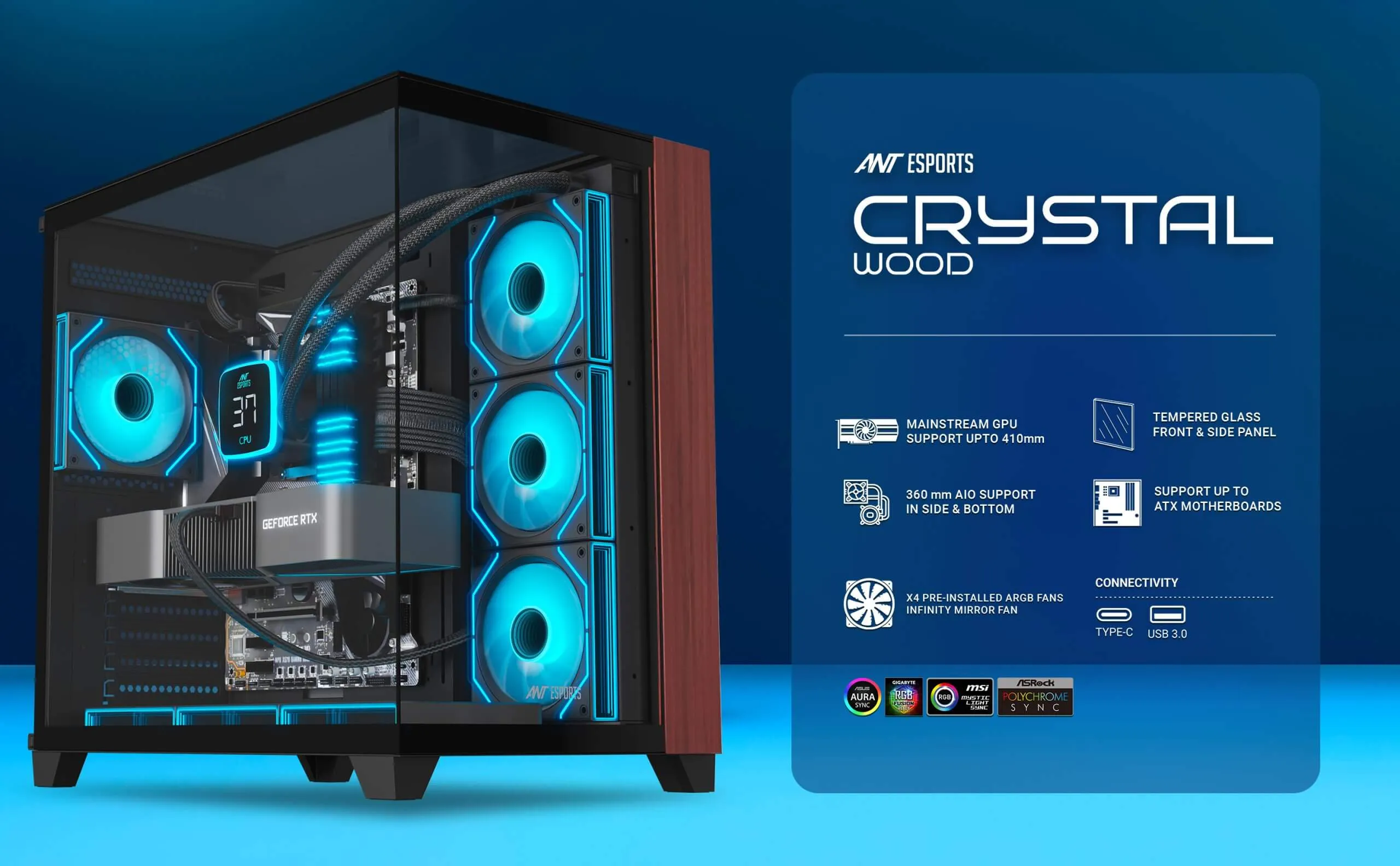 Ant Esports Crystal Wood ATX Mid Tower Cabinet With Type-C Black overview 1