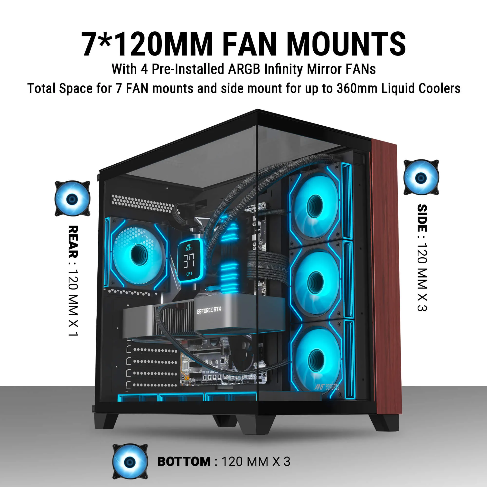 Ant Esports Crystal Wood ATX Mid Tower Cabinet With Type-C Black overview 7