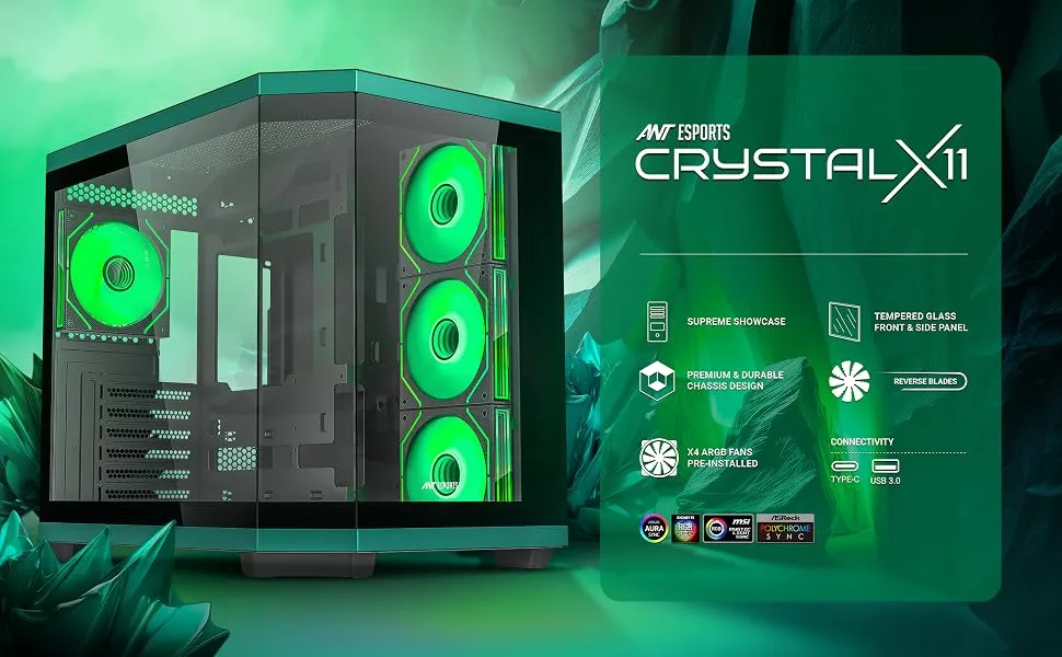 Ant Esports Crystal X11 ARGB (ATX) Mid Tower Cabinet (Green) overview 1