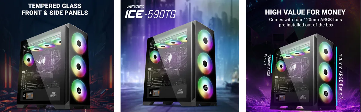 Ant Esports ICE-590TG ARGB (E-ATX) Mid Tower Cabinet (Black) overview 2