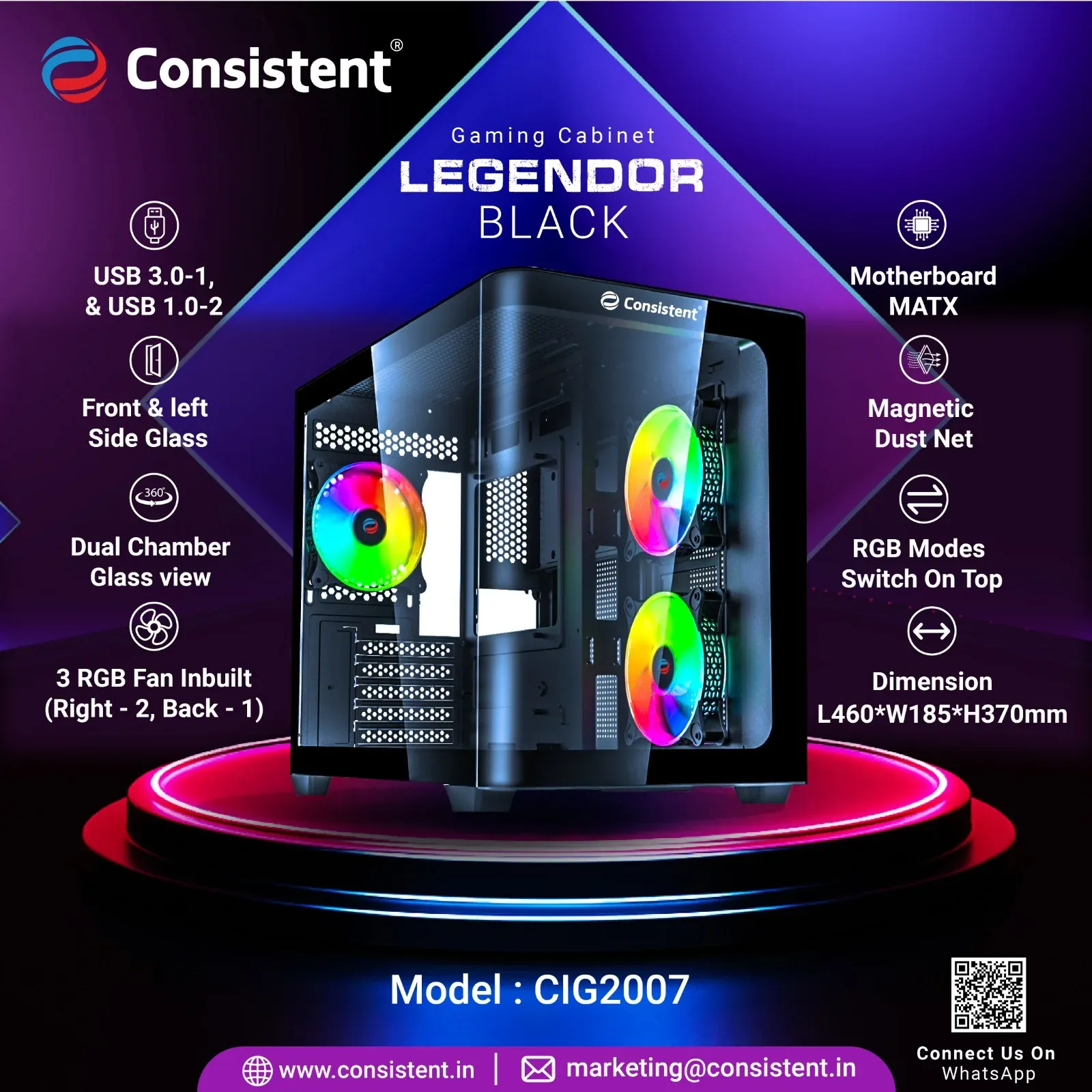 CONSISTENT GAMING PC CASE (CIG2007) LEGENDOR BLACK including two 12cm ARGB fans on the motherboard plate and an additional 12cm ARGB rear fan overview 1