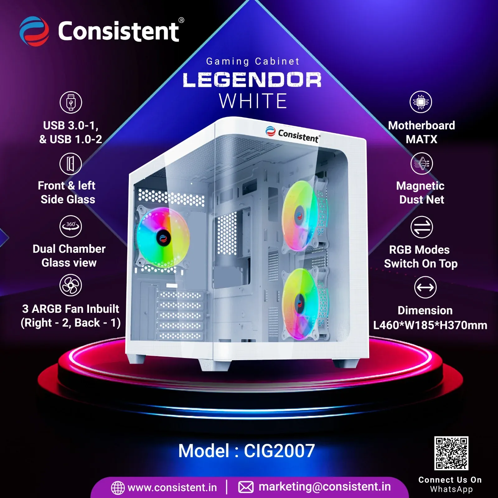 CONSISTENT GAMING PC CASE (CIG2007) LEGENDOR White including two 12cm ARGB fans on the motherboard plate and an additional 12cm ARGB rear fan overview 1