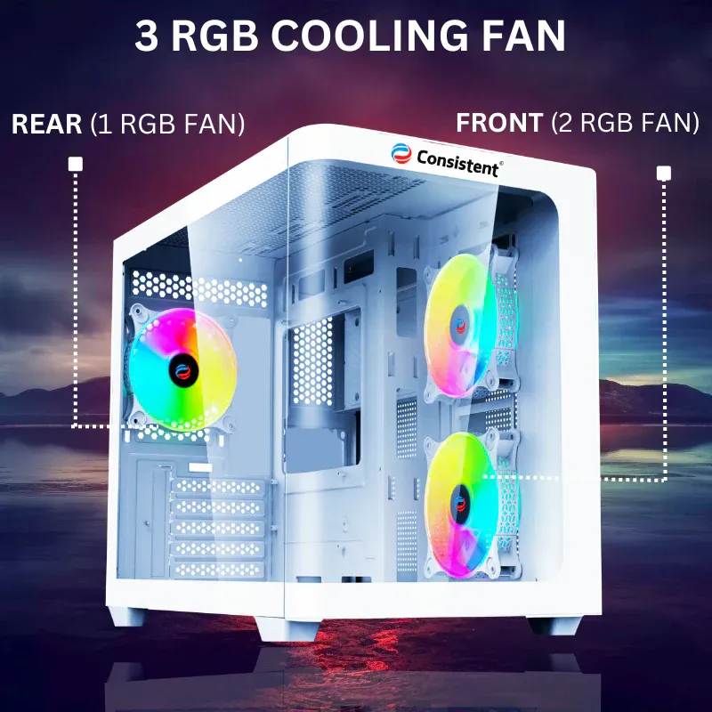 CONSISTENT GAMING PC CASE (CIG2007) LEGENDOR White including two 12cm ARGB fans on the motherboard plate and an additional 12cm ARGB rear fan overview 3