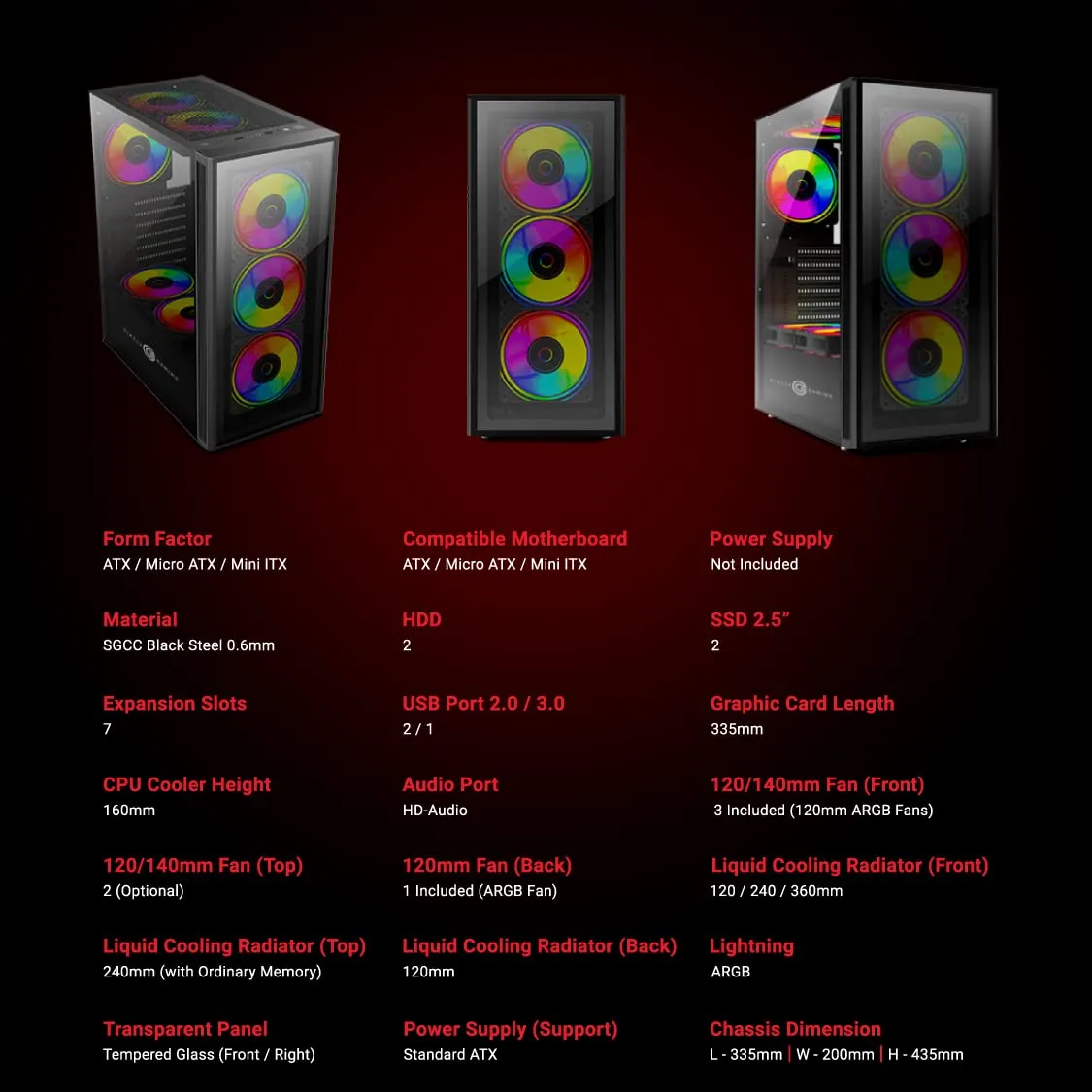 Circle Elegantor X5 ARGB Mid-Tower Computer Case Gaming Cabinet - Black overview 2