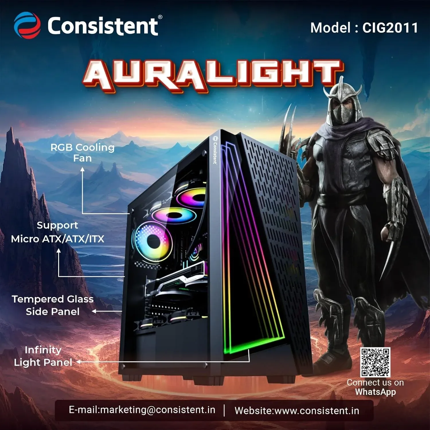 Consistent Auralight Gaming Cabinet 2011 | Support : Micro ATX/ATX/ITX | RGB LED Infinity Light Panel | with Tempered Glass Side Panel overview 1