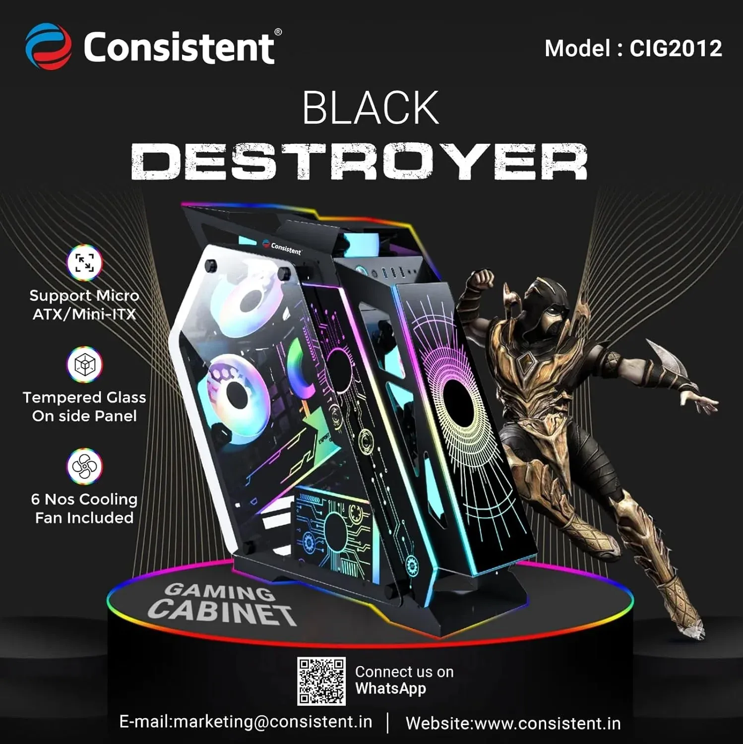 Consistent Black Destroyer Gaming Cabinet 2012 | Support : Micro ATX/Mini-ITX | Front Port: USB2.0 * 1+USB3.0 * 1+HD Audio | with Tempered Glass overview 1
