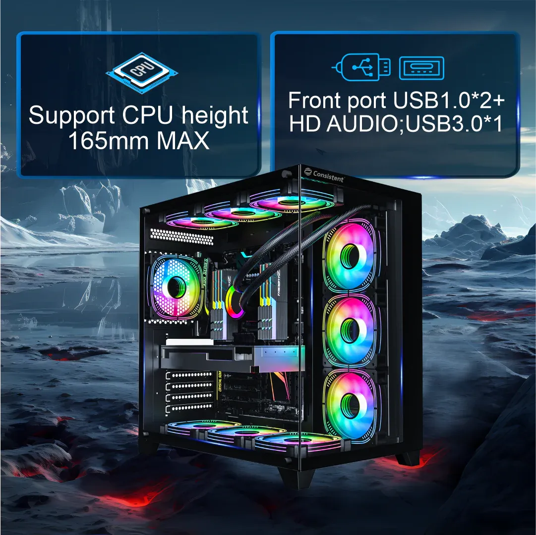 Consistent Defender Gaming Cabinet 2013 | Support: Micro ATX/Mini-ITX | Front Port : USB2.0 * 2+USB3.0 * 1+HD Audio| Both Side Tempered Glass overview 2