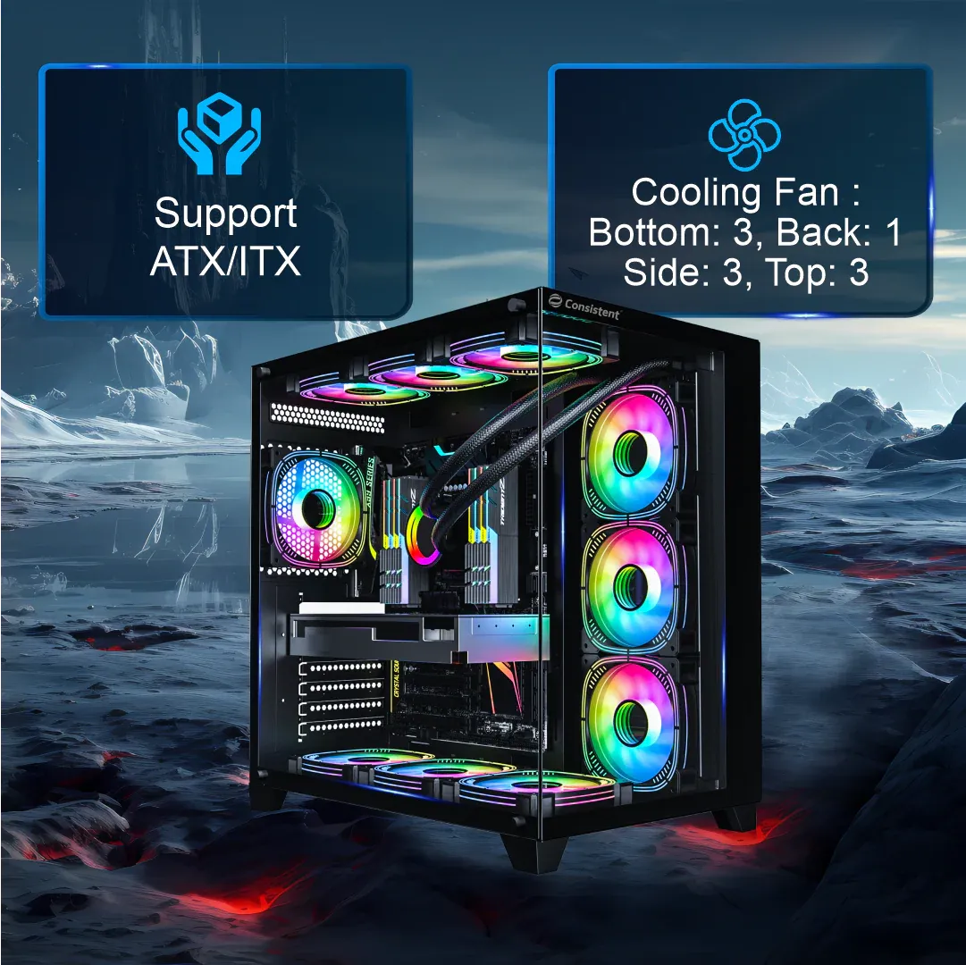 Consistent Defender Gaming Cabinet 2013 | Support: Micro ATX/Mini-ITX | Front Port : USB2.0 * 2+USB3.0 * 1+HD Audio| Both Side Tempered Glass overview 4
