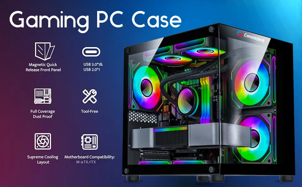 Consistent Gaming PC Case (CIG2005) Black Sniper Gaming Cabinet for Video Games, Compact Design Rear Rainbow Fans overview 2