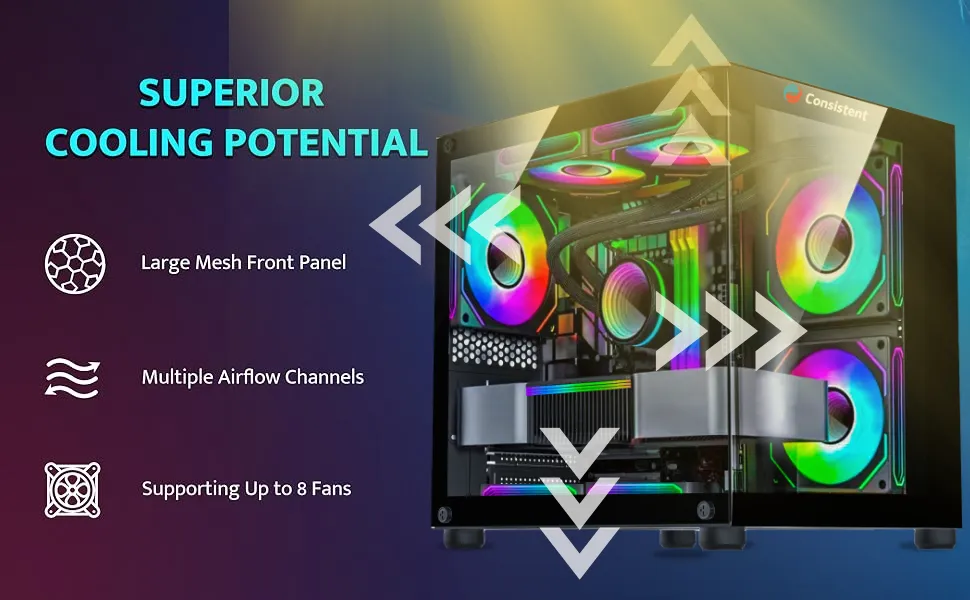 Consistent Gaming PC Case (CIG2005) Black Sniper Gaming Cabinet for Video Games, Compact Design Rear Rainbow Fans overview 3