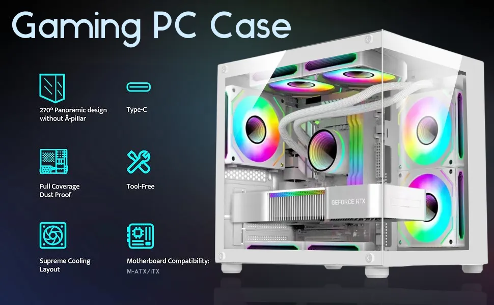 Consistent Gaming PC Case (CIG2005) White Sniper Gaming Cabinet for Video Games, Compact Design Rear Rainbow Fans overview 2