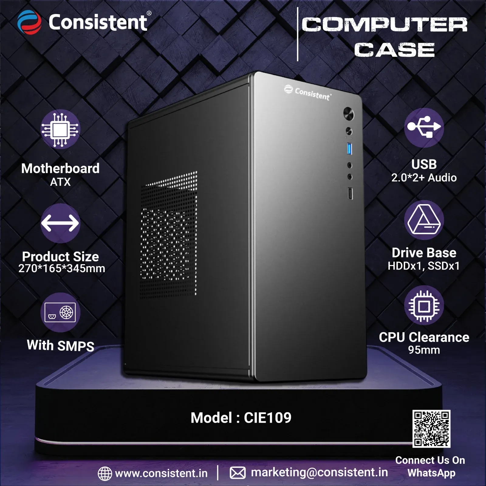 Consistent PC Case/SMPS (CIE109) Computer Case 4 Full Slots VGA Max 250mm Bold Design for Bold Performance overview 1