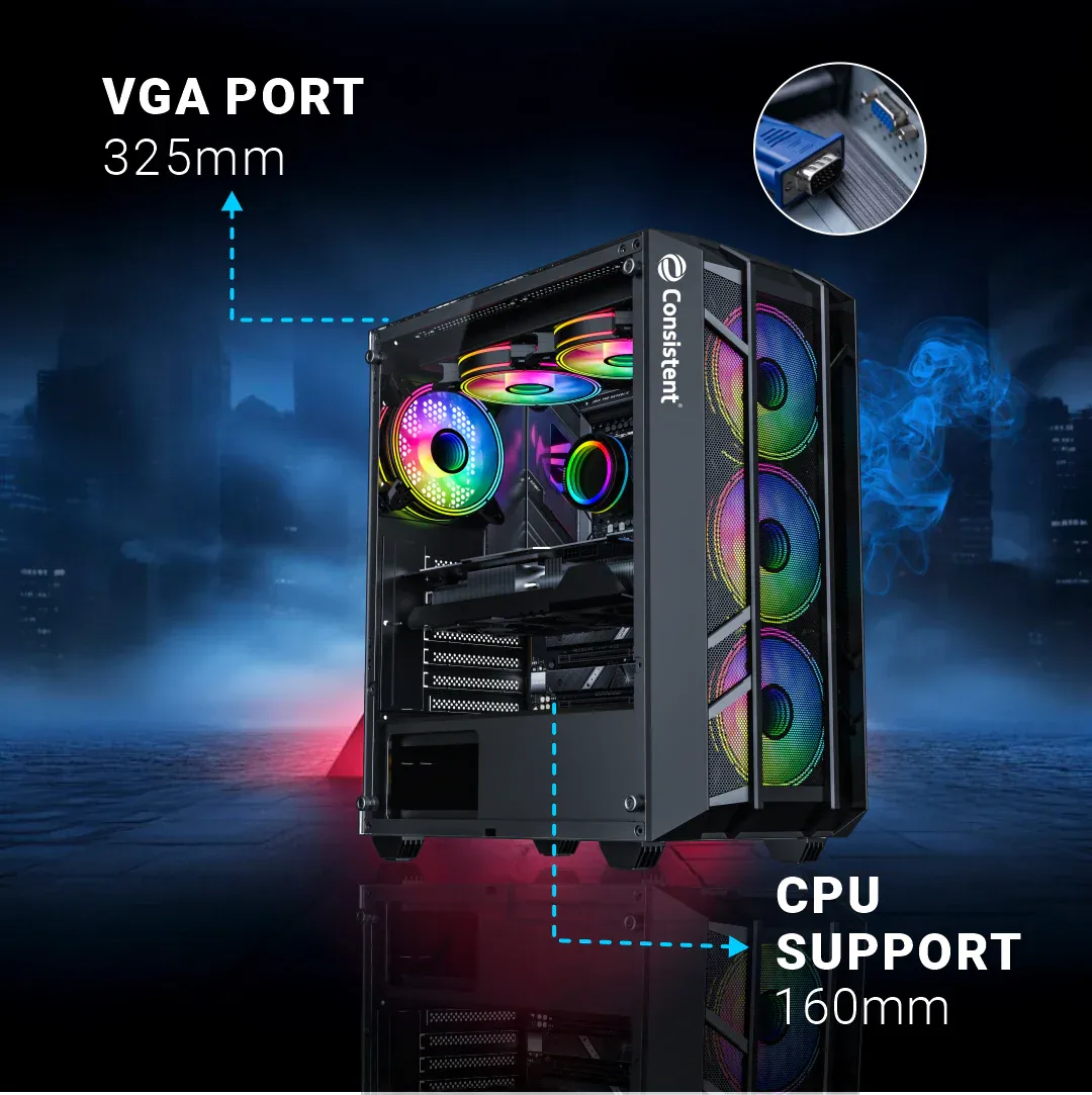 Consistent Spectrum Gaming Cabinet 2009 | Material : 0.4mm SPCC Black Coating | Support: ATX/M-ATX/ITX | with Tempered Glass Side Panel | 6 FRGB Cooling Fan overview 2