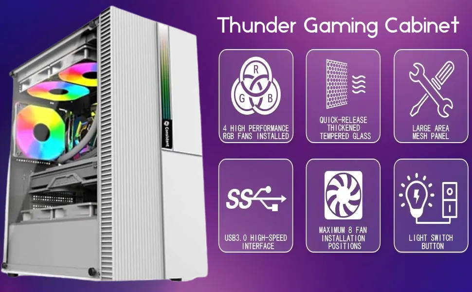 Consistent Thunder Gaming Cabinet 2004 White Gaming Cabinet | Supports ATX, M-ATX, ITX | 4 RGB Cooling Fans | Hinged Magnetic Tempered Glass Door | Mesh Panel | Minimalist Design overview 2