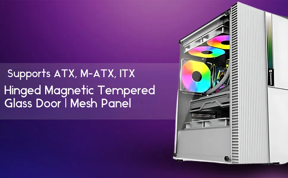 Consistent Thunder Gaming Cabinet 2004 White Gaming Cabinet | Supports ATX, M-ATX, ITX | 4 RGB Cooling Fans | Hinged Magnetic Tempered Glass Door | Mesh Panel | Minimalist Design overview 3