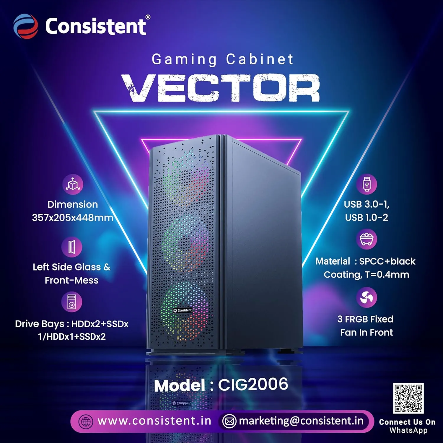 Consistent VECTOR Gaming PC Case (CIG2006) Black | Support :ATX, Micro ATX, and Mini ATX, along with ATX 12V | USB 3.0*1,1.0*2 overview 1