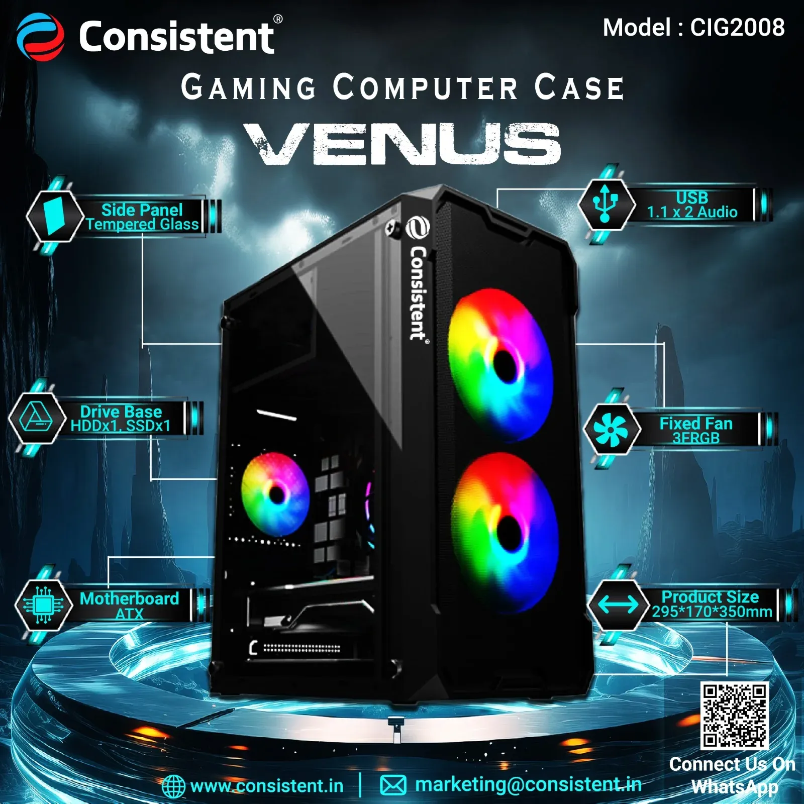 Consistent Venus Gaming Cabinet 2008 | with Tempered Glass Side Panel | Support:Micro-ATX | 3 Fixed Color Fans overview 1