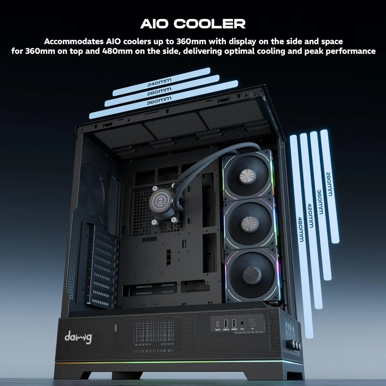 Dawg Y 990 ARGB E-ATX Mid Tower Case with Pre-installed 360mm AIO Cooler overview 4