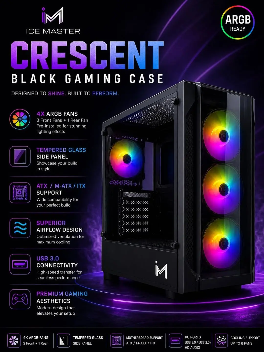 Ice Master Crescent Black Mid-Tower ATX Gaming PC Case